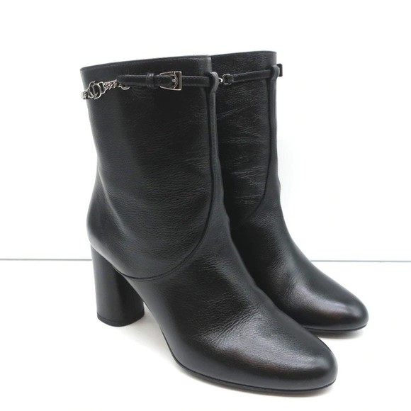 Christian Dior CD Chain Embellished Ankle Boots Black Leather Size 36 High Heel - Picture 1 of 12